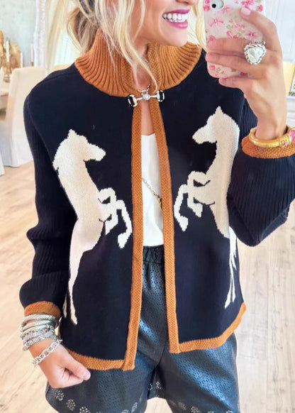 Black Stand Collar Print Knit Cardigan Fall