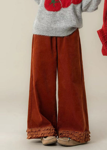 Brick Red Ruffled Oversized Corduroy Straight Pants Spring