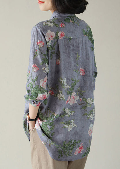 Diy Purple Peter Pan Collar Pockets Button Print Fall Blouses Long Sleeve