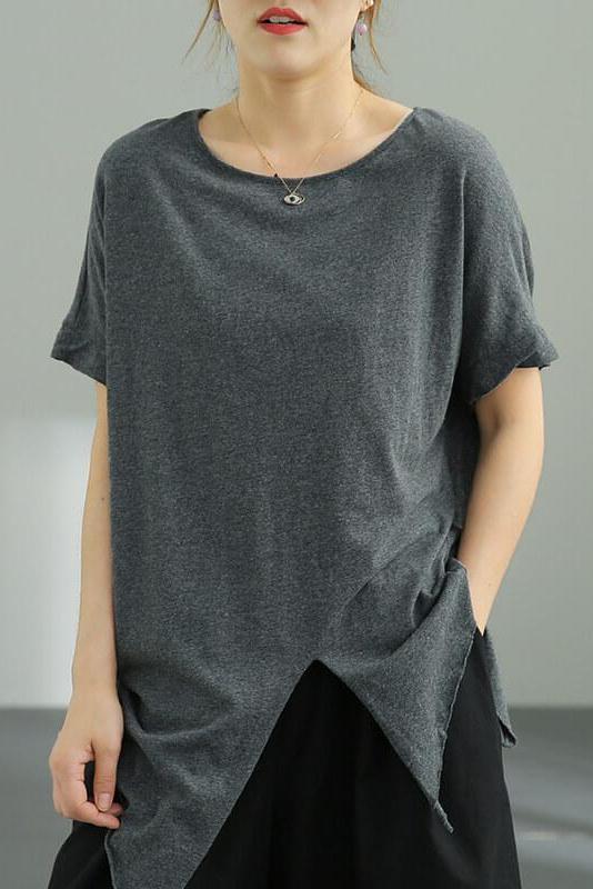 Pure Color O Neck Split Hem T-shirt