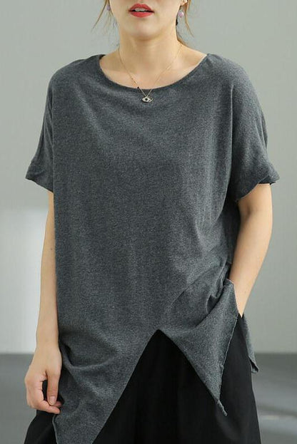 Pure Color O Neck Split Hem T-shirt