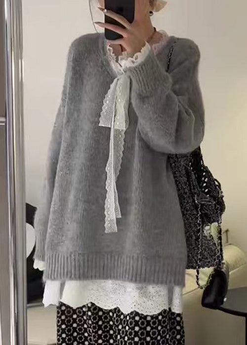 Grey Cozy Lace Patchwork Knit Sweater Winter