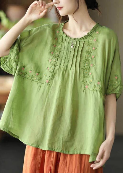 Green Draped Ramie O-neck Embroidered Split T-shirt