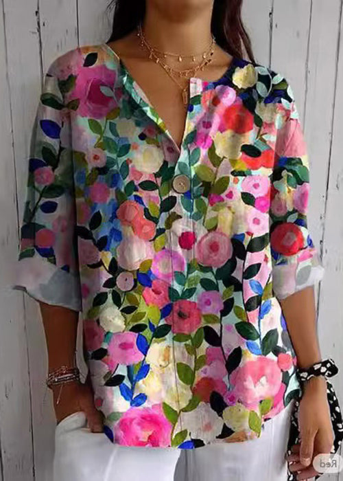 New O-neck Print Button Cotton Shirt Spring