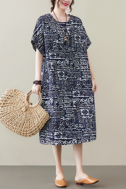 - New Cotton Linen Short Sleeve Dress Printed Long Dress