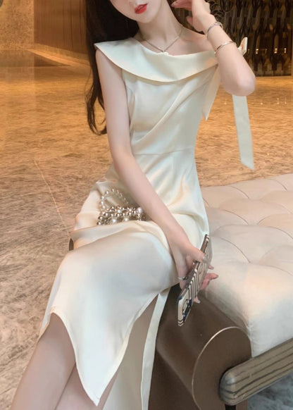 Beige Lace Up Side Open Cotton Dresses Summer