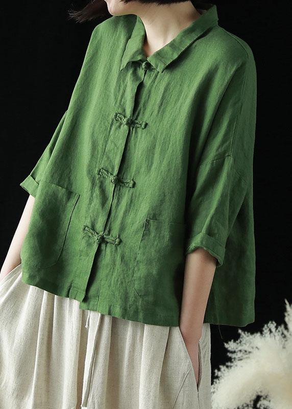 Green Peter Pan Collar Pockets Summer Linen Top