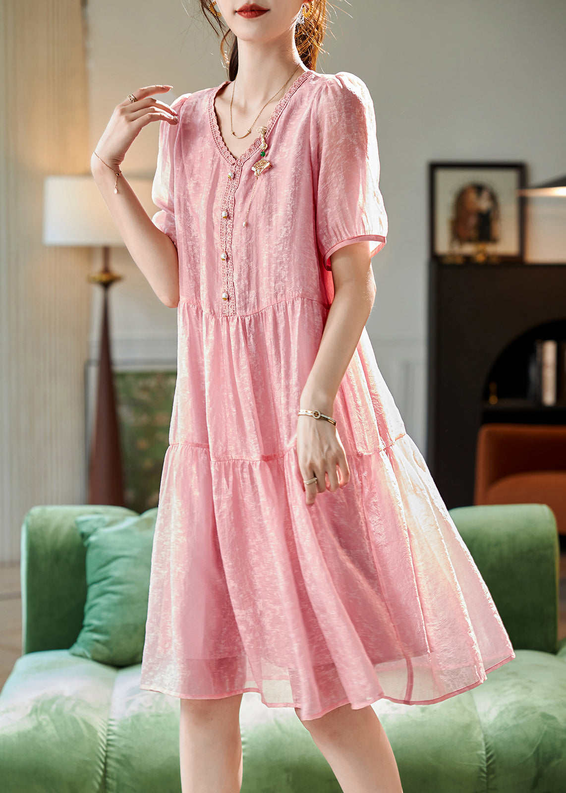 Pink V Neck Lace Patchwork Chiffon Long Dresses Short Sleeve