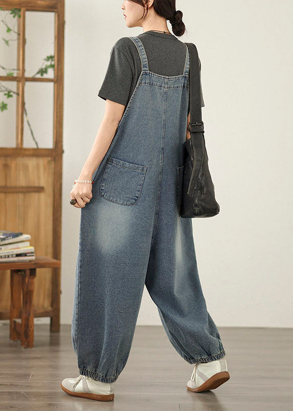 Blue Patchwork Denim Jumpsuit Pockets Spring
