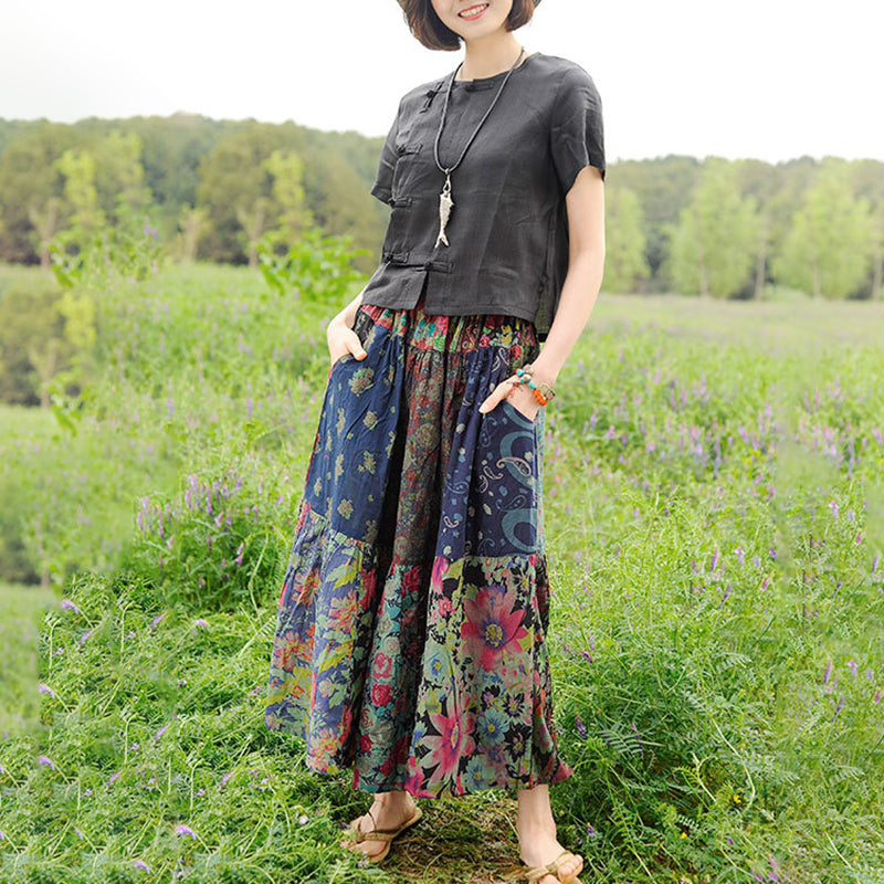 Retro Splicing Cloth Flower Printed Skirt
