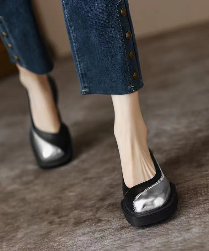 Black Comfy Splicing Chunky Cowhide Leather Loafer Shoes