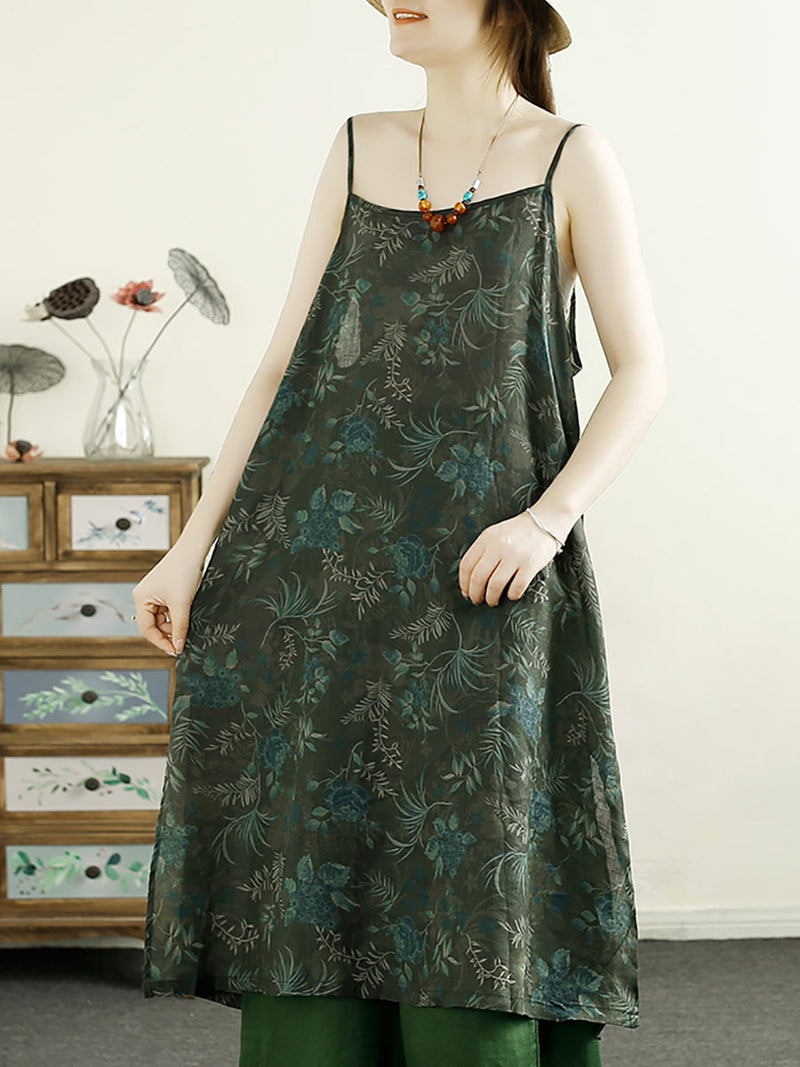 Summer Flower Ramie Vest Dress