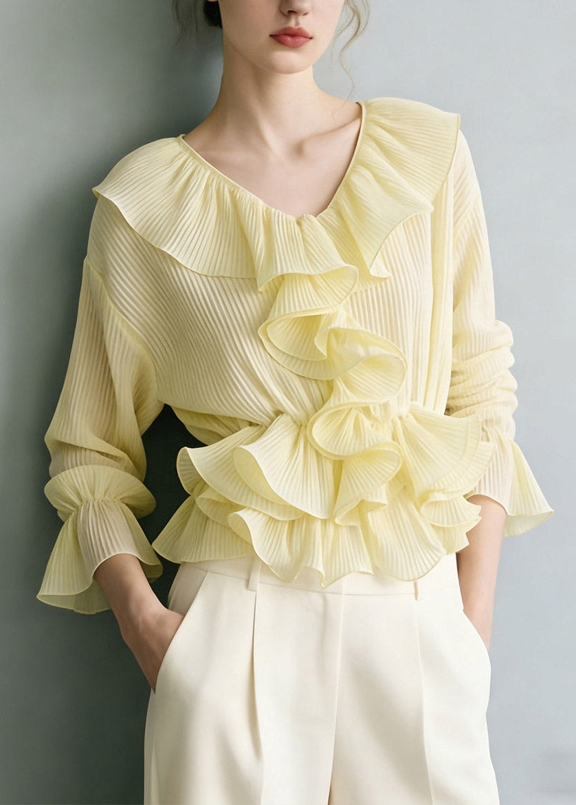 Vogue Yellow V Neck Ruffled Shirt Flare Sleeve