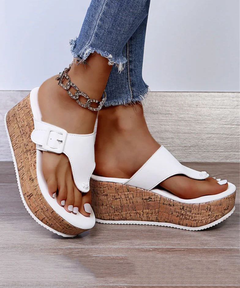 White Wedge Heels Splicing Flip Flops Slide Sandals