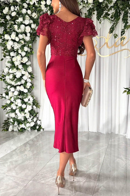 Dreamy Lace and Satin Patchwork Ruffle Sleeve Ruched Midi Dress