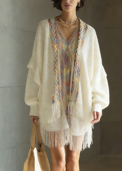 White Print Patchwork Tassel Knit Cardigan Spring