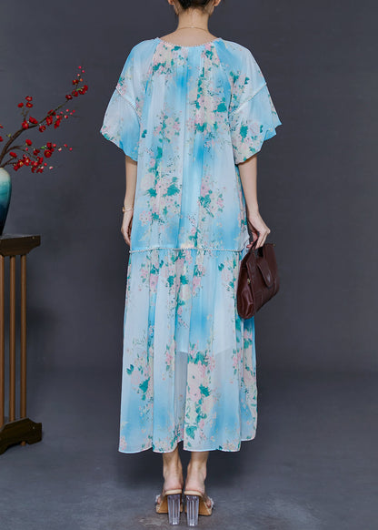 Diy Sky Blue Oversized Print Chiffon Long Dress Summer