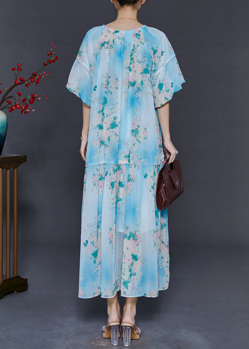Diy Sky Blue Oversized Print Chiffon Long Dress Summer