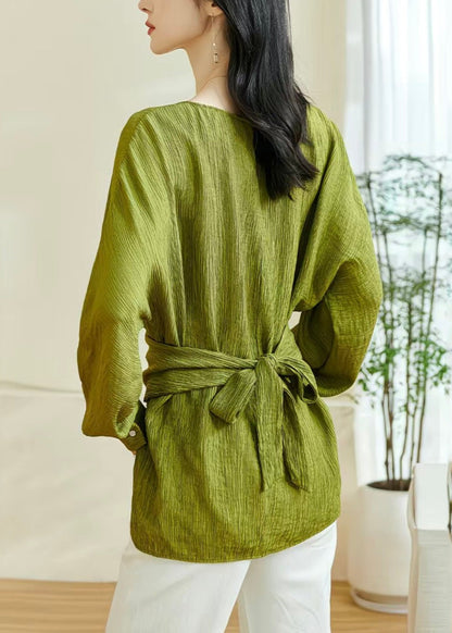 Green O-neck Patchwork Bow Top Lantern Sleeve