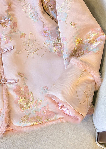Pink Button Fluffy Patchwork Thick Parkas Winter