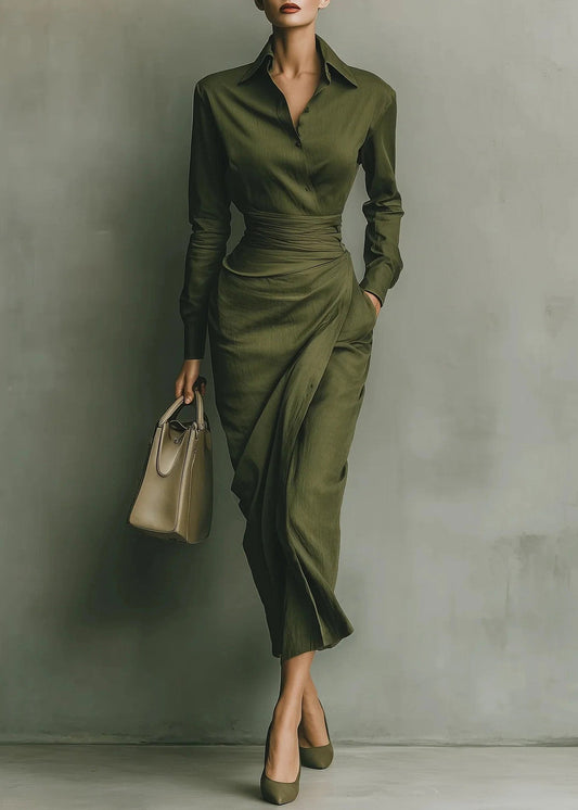 Green Peter Pan Collar Pockets Patchwork Cotton Dress Fall