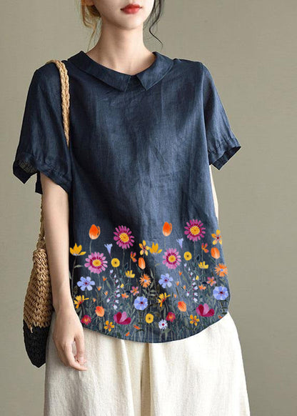 Simple Blue Bird Peter Pan Collar Patchwork Summer Linen Blouses