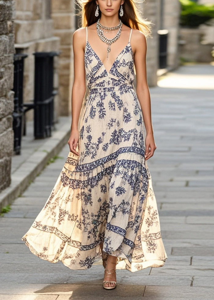 Apricot Print Exra Large Hem Cotton Spaghetti Strap Dress Summer