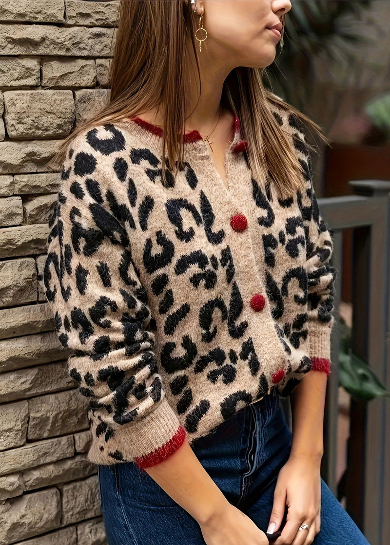 Style Leopard O Neck Button Knit Loose Coat Fall