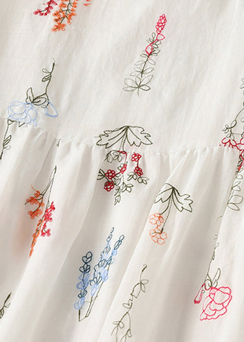 New White O-neck Lace Up Cotton Dresses Half Sleeve