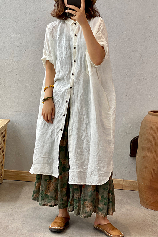 Summer Linen Shirt Dress Short Sleeve Cardigan Dress