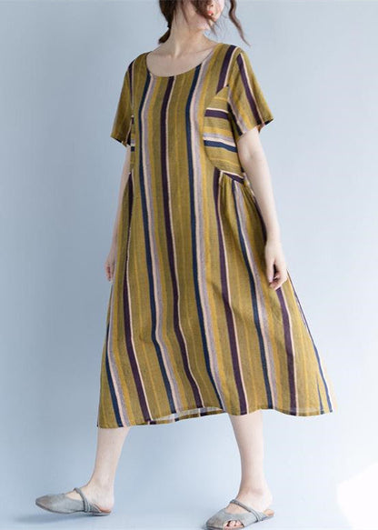 Yellow Long Cotton Linen Dress O Neck Traveling Clothing Fine Striped Short Sleeve Cotton Linen Caftans