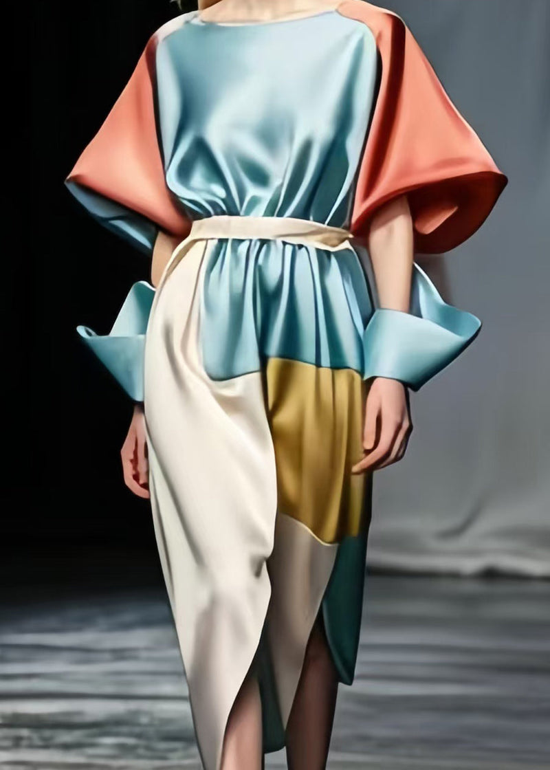 Sky Blue Tie Waist Patchwork Side Open Silk Dresses Puff Sleeve