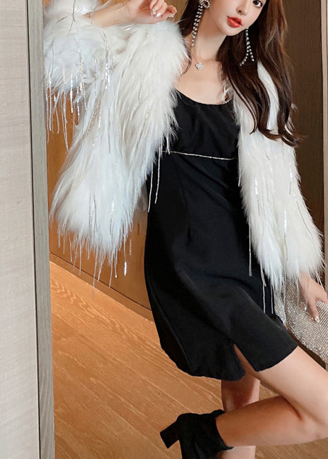 White Tasseled Faux Fur Coats Winter