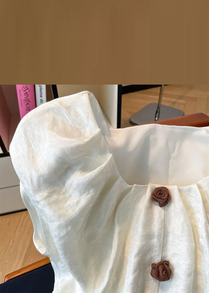Beige Square Collar Front Open Silk Shirt Summer