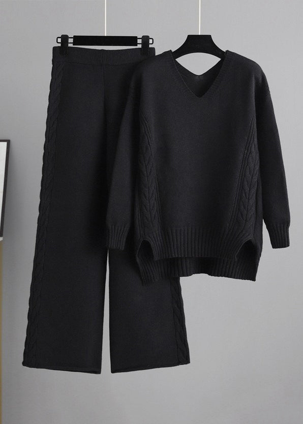 New Apricot V Neck Sweaters and Pants Knit Two Pieces Set Winter