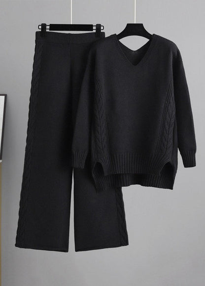 New Apricot V Neck Sweaters and Pants Knit Two Pieces Set Winter