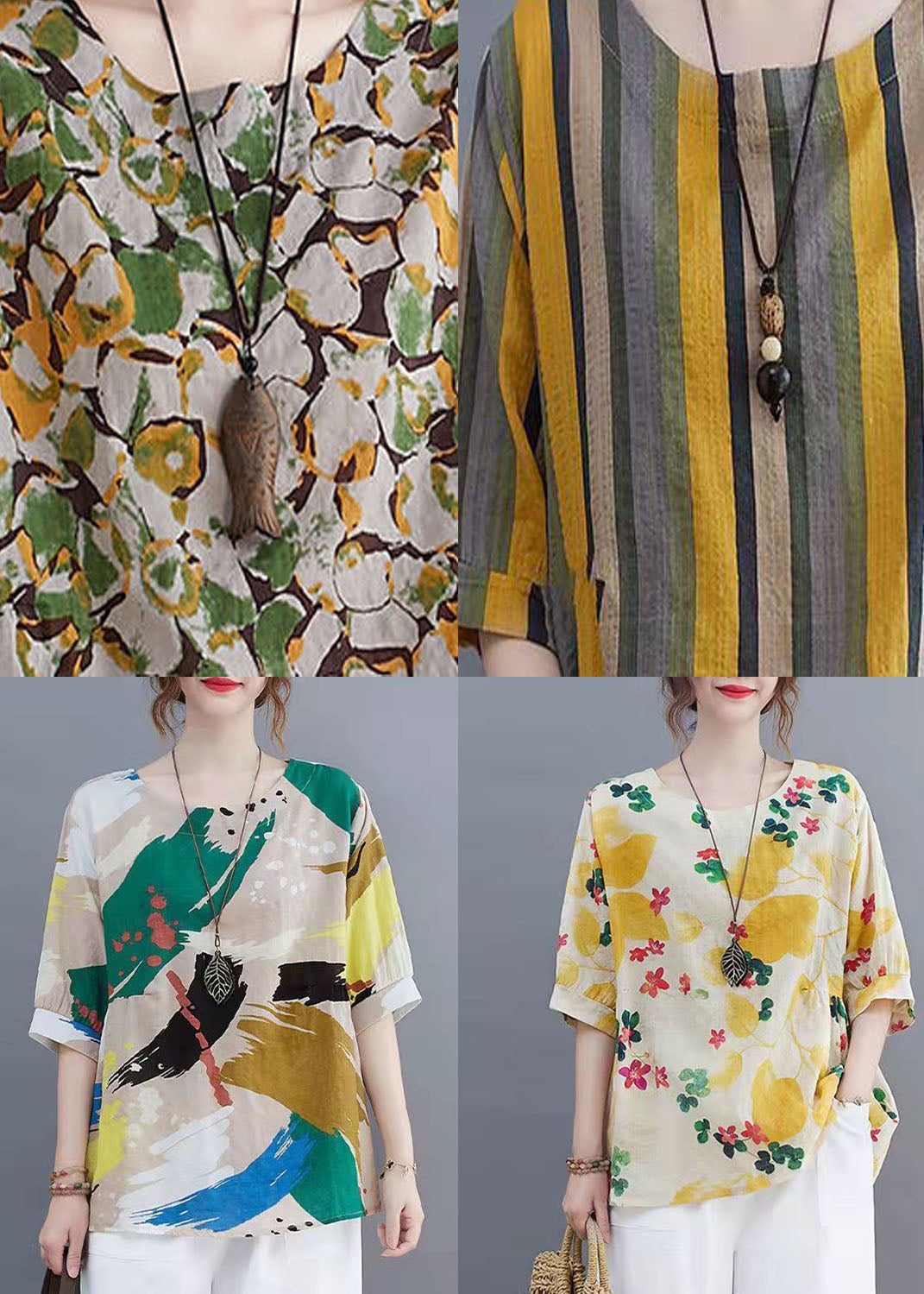 Yellow O Neck Print Patchwork Linen Tops Summer