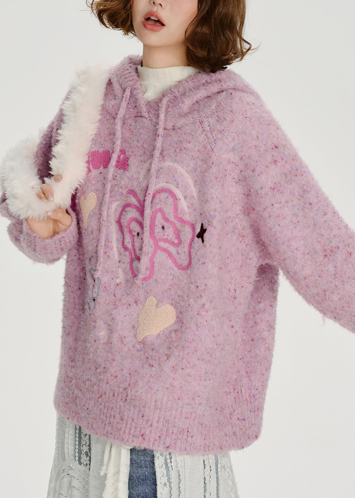 Light Purple Hooded Jacquard Knit Loose Sweatshirt Winter