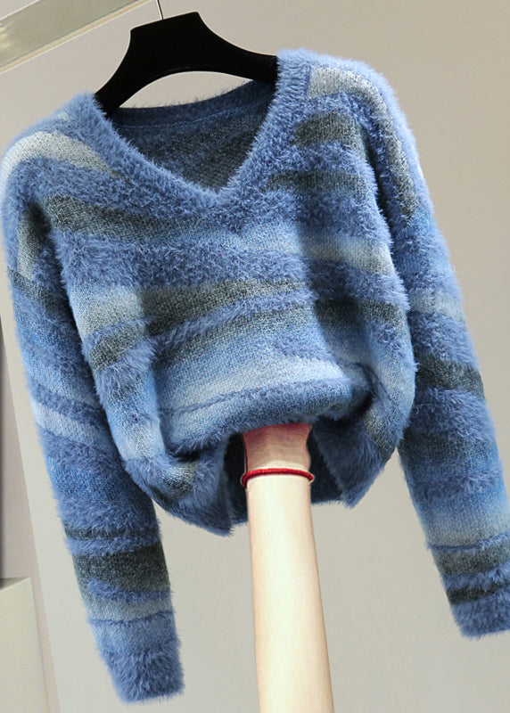 Green V Neck Thick Striped Cotton Knit Sweater Winter