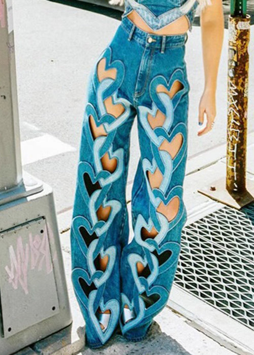 Blue Hollow Out High Waist Denim Pants Spring