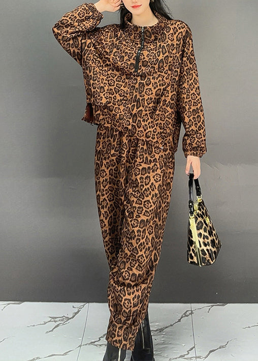 Boutique Brown Leopard Print Tops and Pants Cotton Two Pieces Set Fall