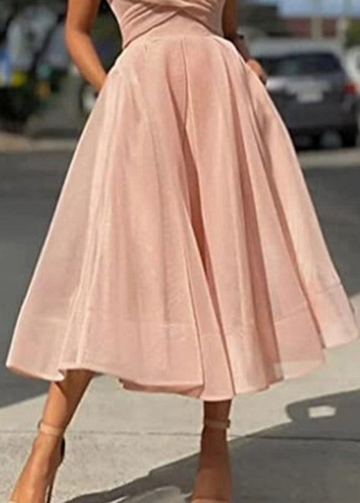 Classy Pink Cold Shoulder Wrinkled Tulle Dresses Summer