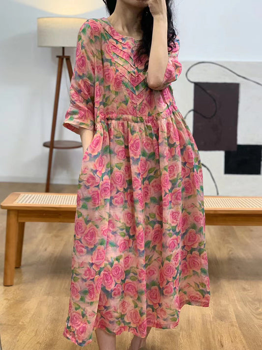 Summer Artsy V-neck Shirred Ramie Dress