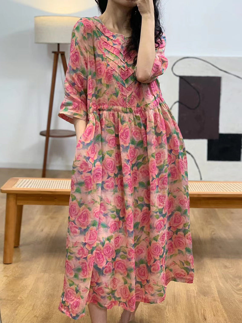 Summer Artsy V-neck Shirred Ramie Dress