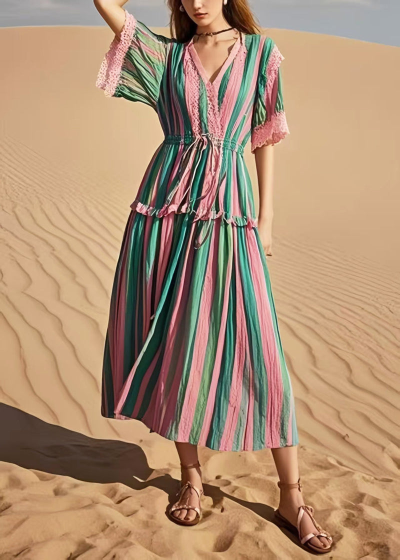 Rainbow Cinched Striped Cotton Holiday Dress Summer
