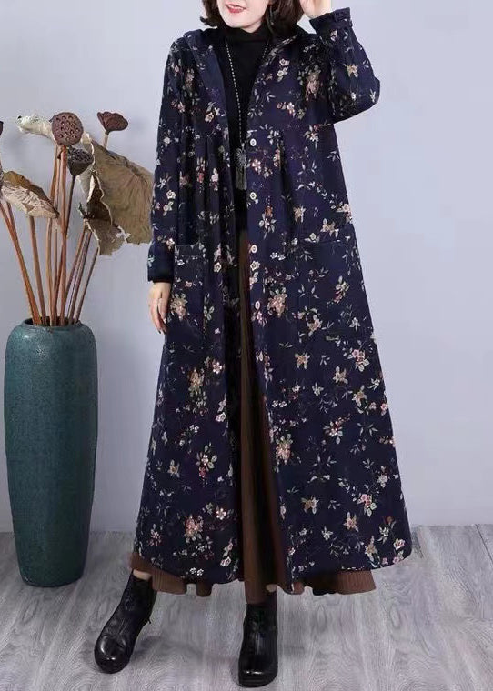 Red Print Pockets Patchwork Warm Fleece Hooded Coat Winter