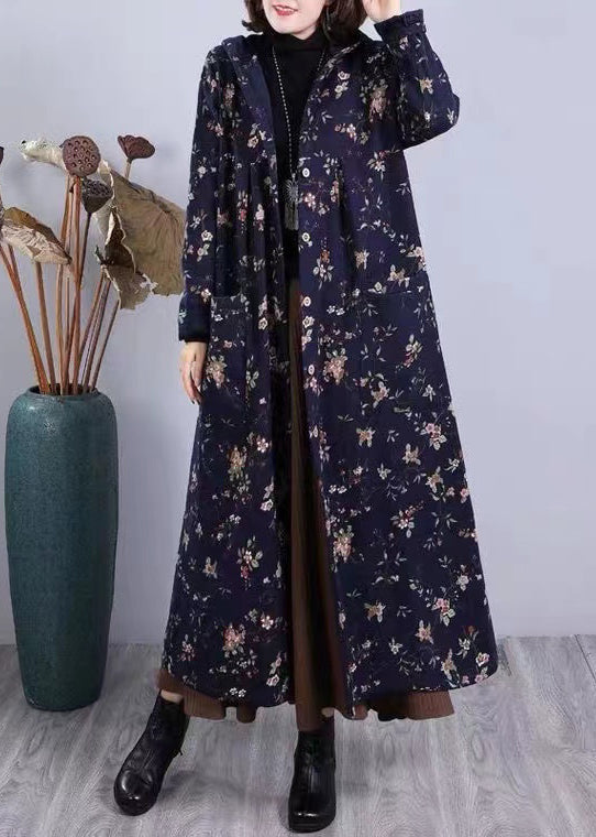 Red Print Pockets Patchwork Warm Fleece Hooded Coat Winter