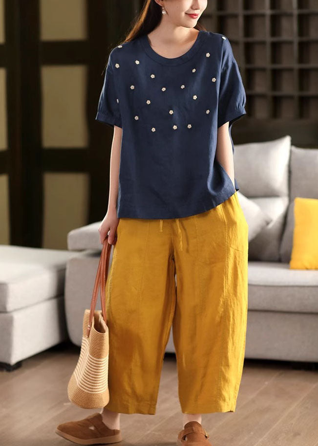 White O-neck Embroideried Linen Tops Summer