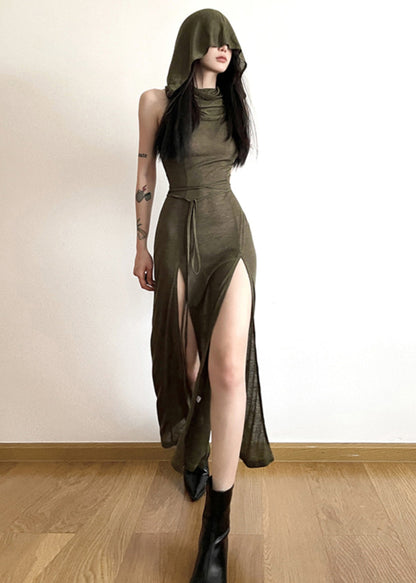 Original Design Army Green Side Open Hooded Dress Sleeveless
