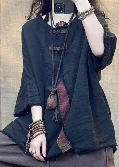 Coffee O Neck Patchwork Linen Shirts Bracelet Sleeve